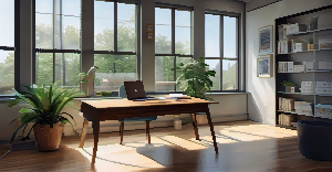 A bright and modern office workspace with a wooden desk, laptop, coffee cup, and plants near a large window.