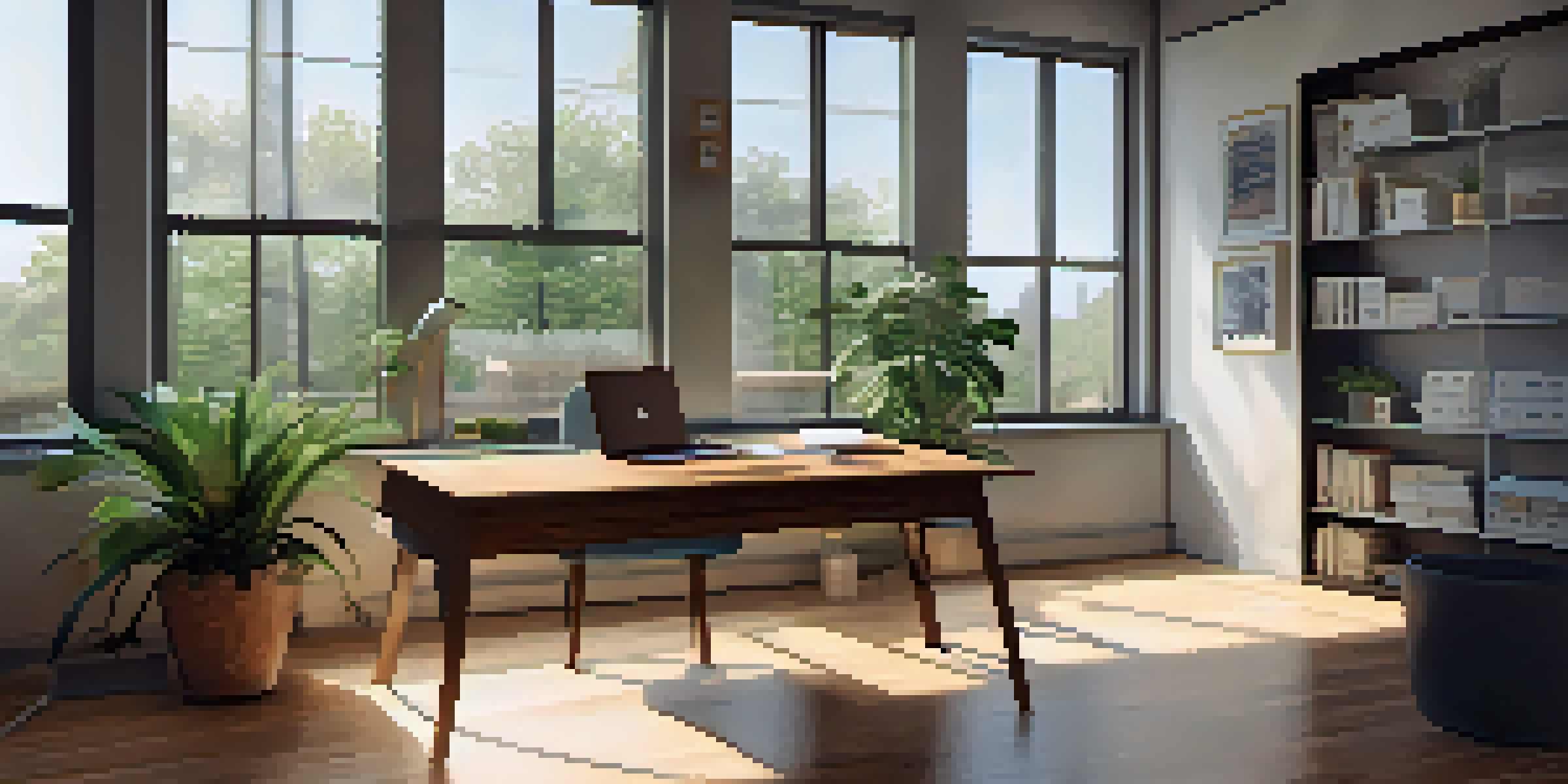 A bright and modern office workspace with a wooden desk, laptop, coffee cup, and plants near a large window.