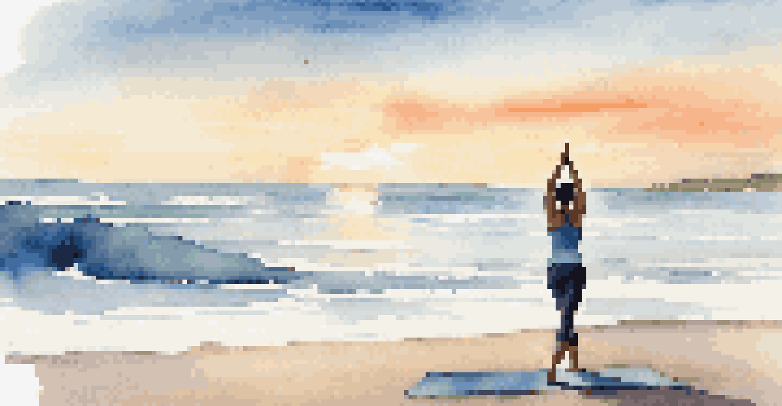 A person doing yoga on a beach at sunrise, with calm ocean waves in the background.