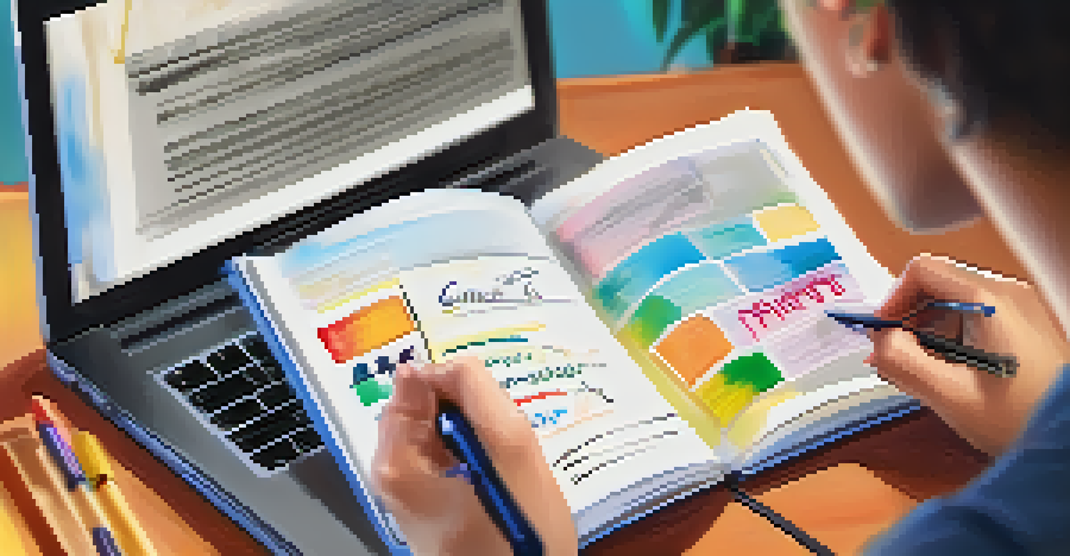 A person studying online with a laptop and notes, creating a cozy learning environment.