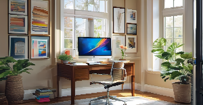 A bright and inviting home office with a desk, laptop, plants, and art on the walls.