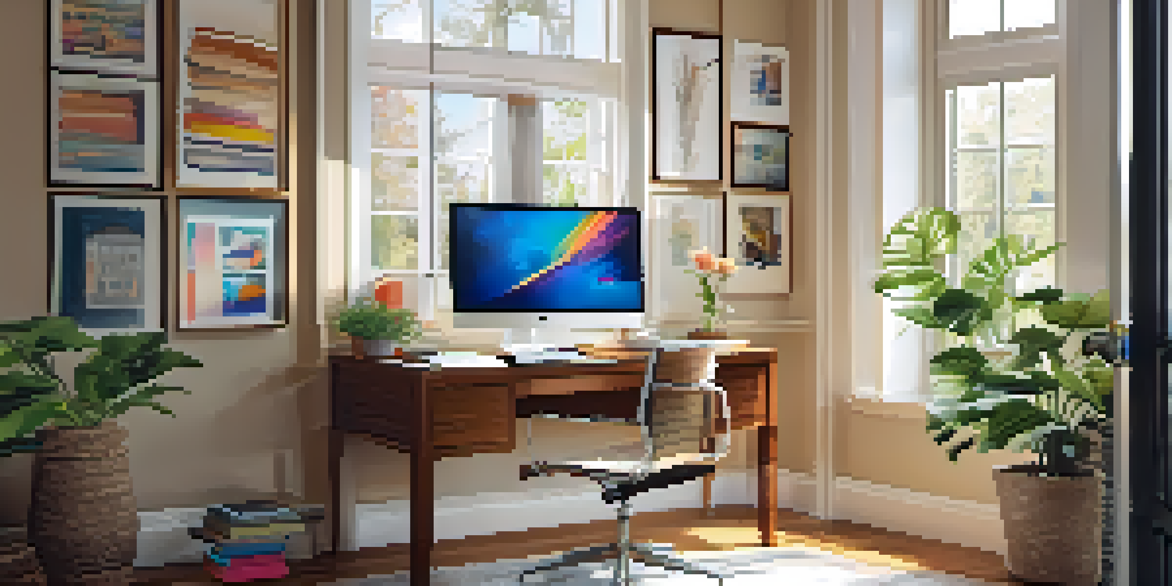A bright and inviting home office with a desk, laptop, plants, and art on the walls.