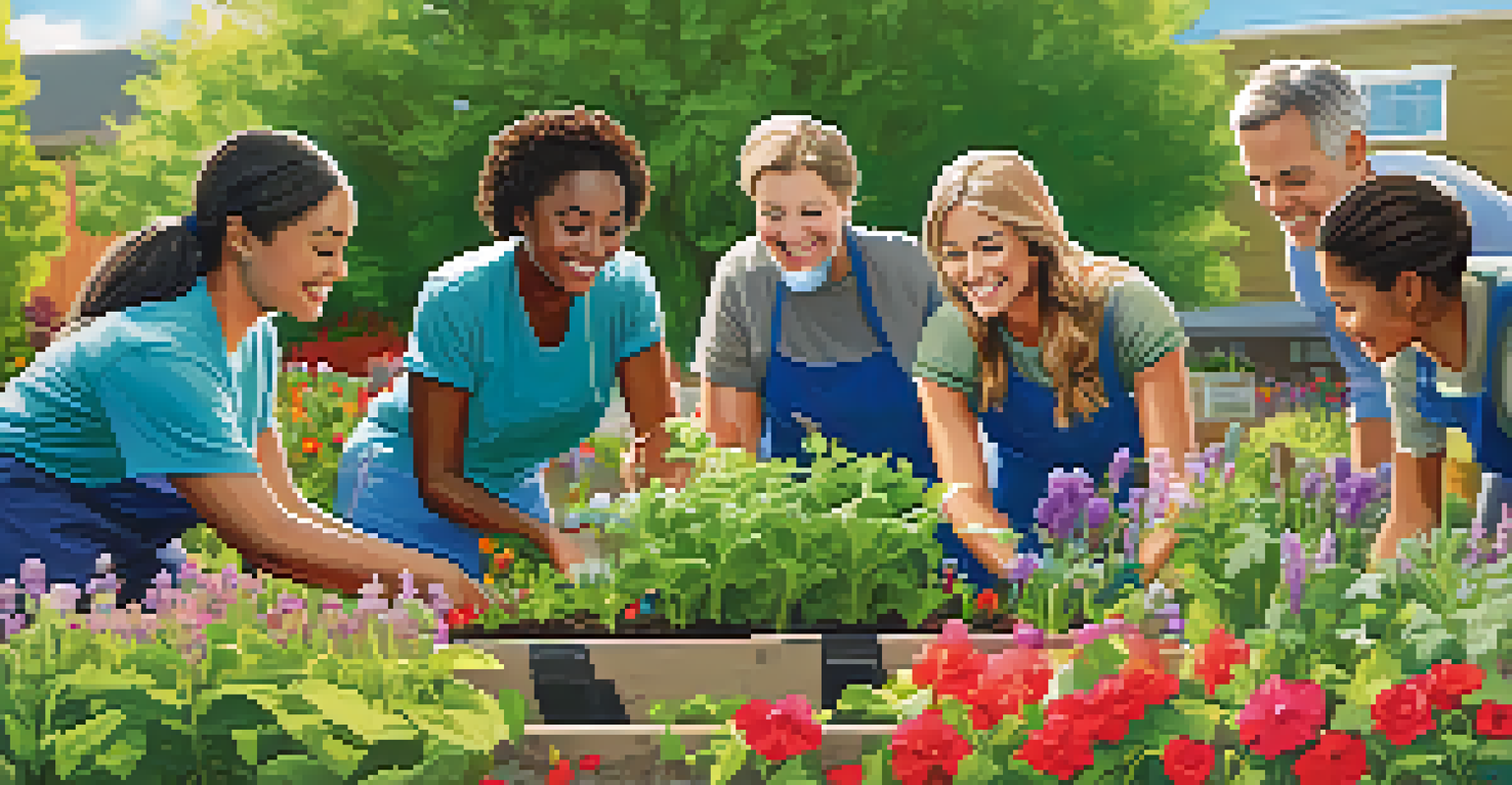 A group of diverse volunteers planting flowers and vegetables in a community garden, with bright colors and a sunny backdrop.