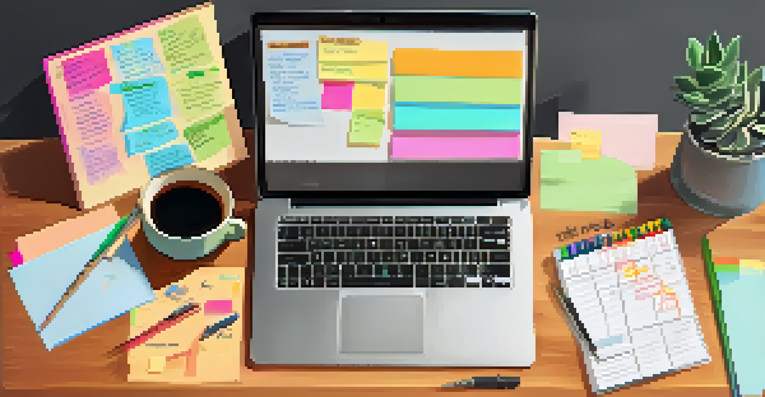 An organized desk with a checklist, laptop, coffee, sticky notes, and a plant, illuminated by soft morning light.