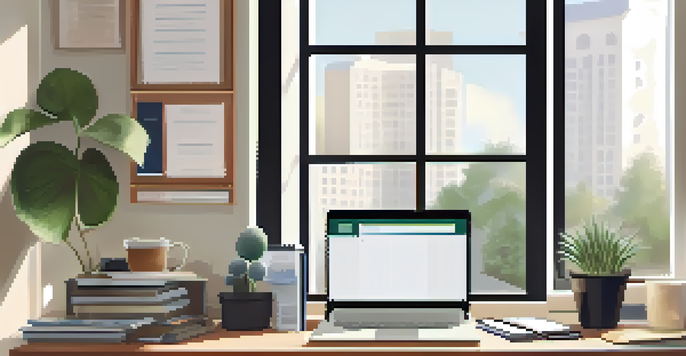 A modern workspace with a laptop, stationery, coffee cup, and a potted plant, illuminated by soft natural light.