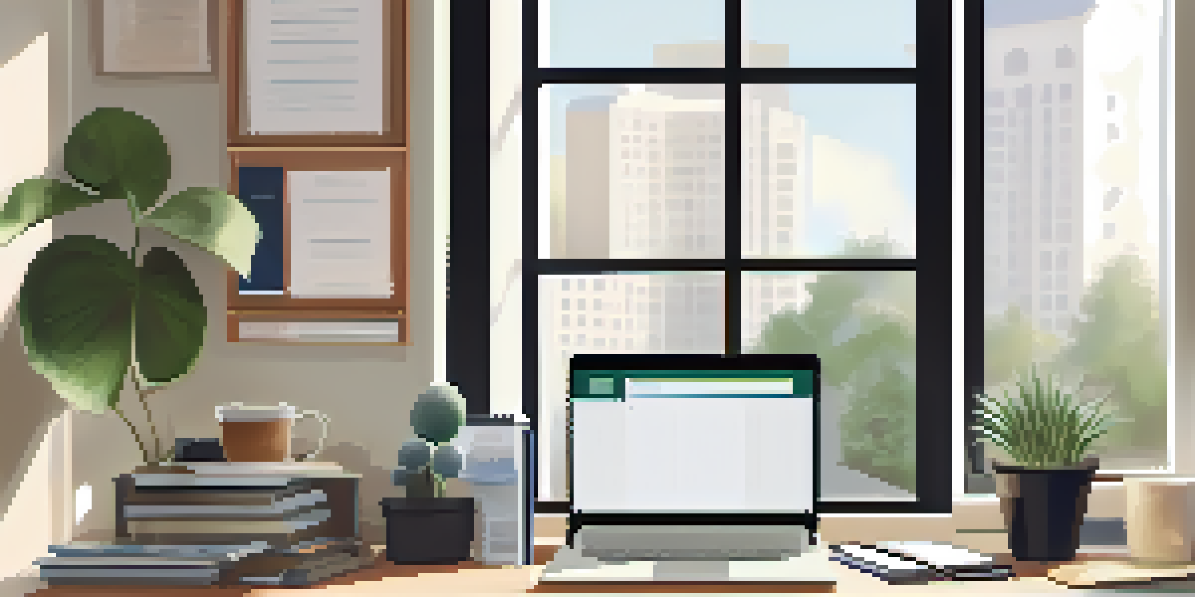 A modern workspace with a laptop, stationery, coffee cup, and a potted plant, illuminated by soft natural light.