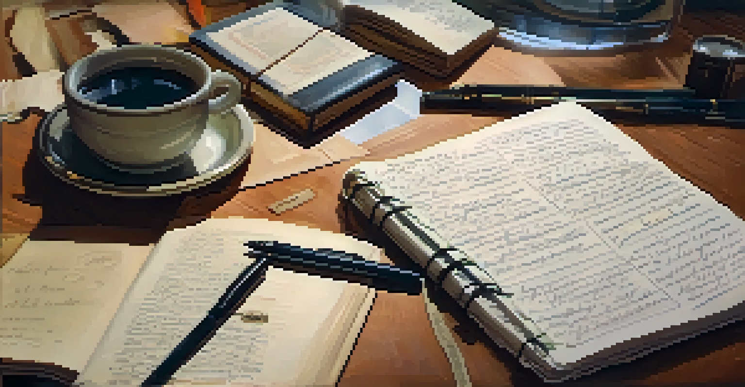 A close-up of a hand writing in a journal with a pen, surrounded by personal items like a smartphone and a photo.