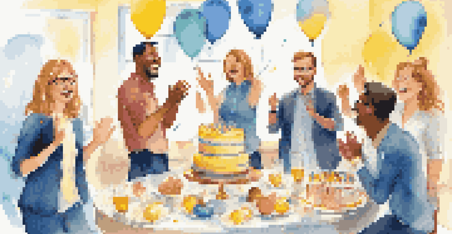 A team of coworkers celebrating achievements together in a festive atmosphere with balloons and a cake.