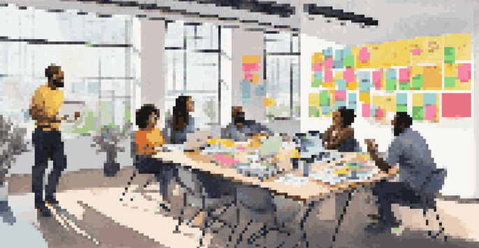 A diverse group of employees brainstorming together at a table, surrounded by colorful notes and laptops in a bright, open office space.