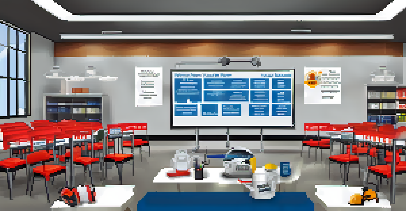 A close-up view of a safety training workshop setup with safety gear and informational materials on a table.