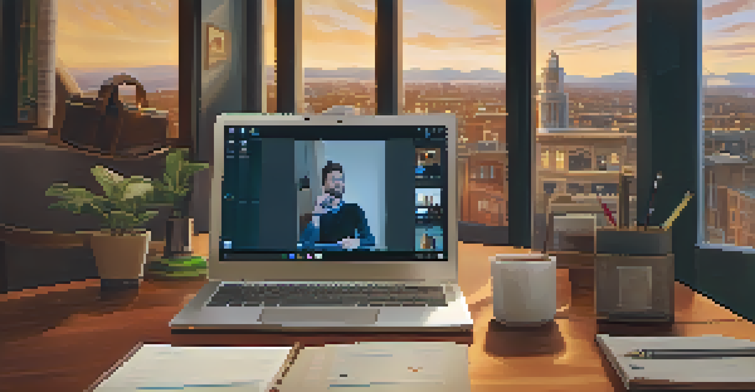 A notepad and pen on a desk with a laptop open to a video call, while a person practices their elevator pitch in the background.