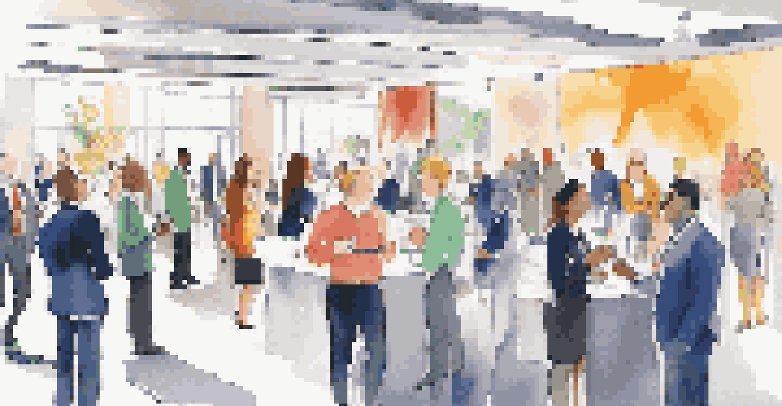A diverse group of professionals networking at a colorful industry conference, exchanging ideas and business cards.