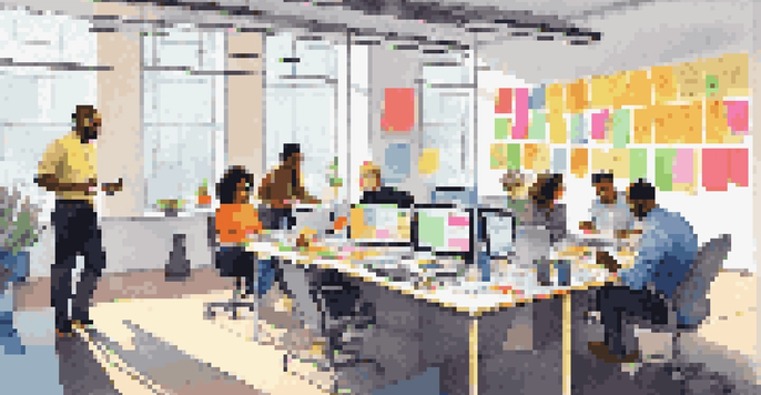 A diverse group of employees brainstorming together in a bright office, surrounded by sticky notes and motivational art.