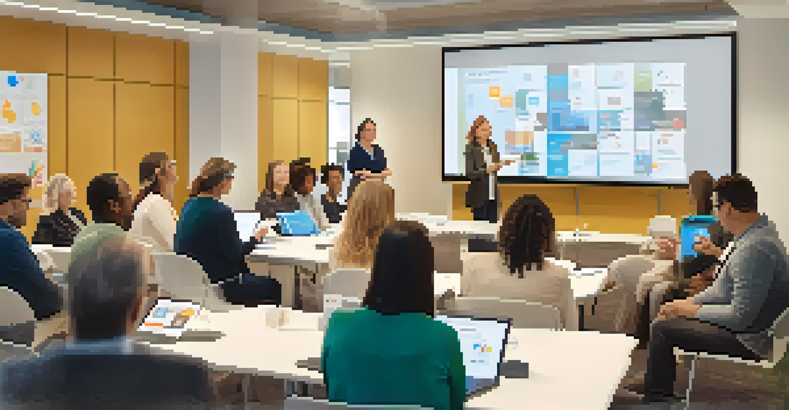 Teachers in a bright conference room participating in a professional development workshop, engaging with AI tools and collaborating in small groups.