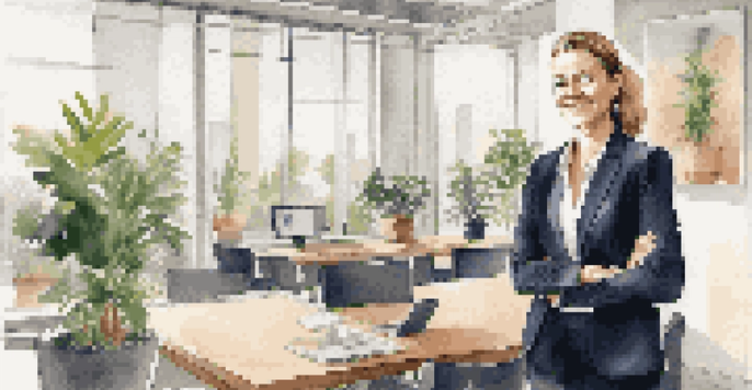 A confident professional woman in a tailored suit standing in a modern negotiation room, arms crossed and smiling, with natural light streaming in through large windows.