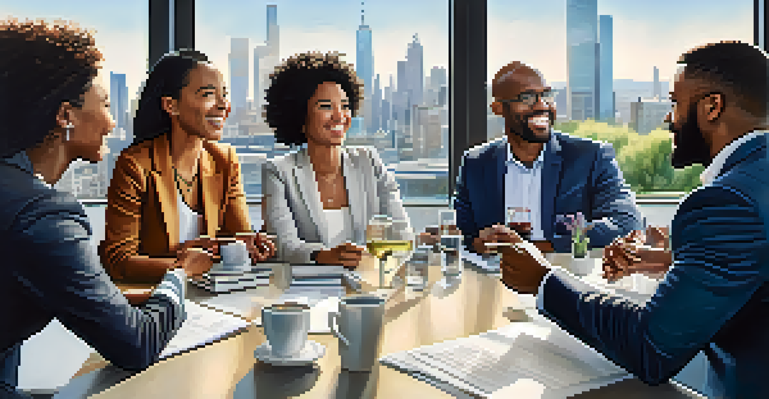 A diverse group of professionals networking in a modern office with a city skyline view.