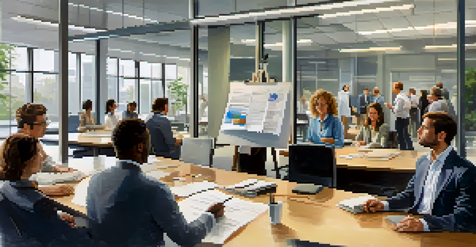 A diverse group of employees discussing their employment contracts in a bright office setting.