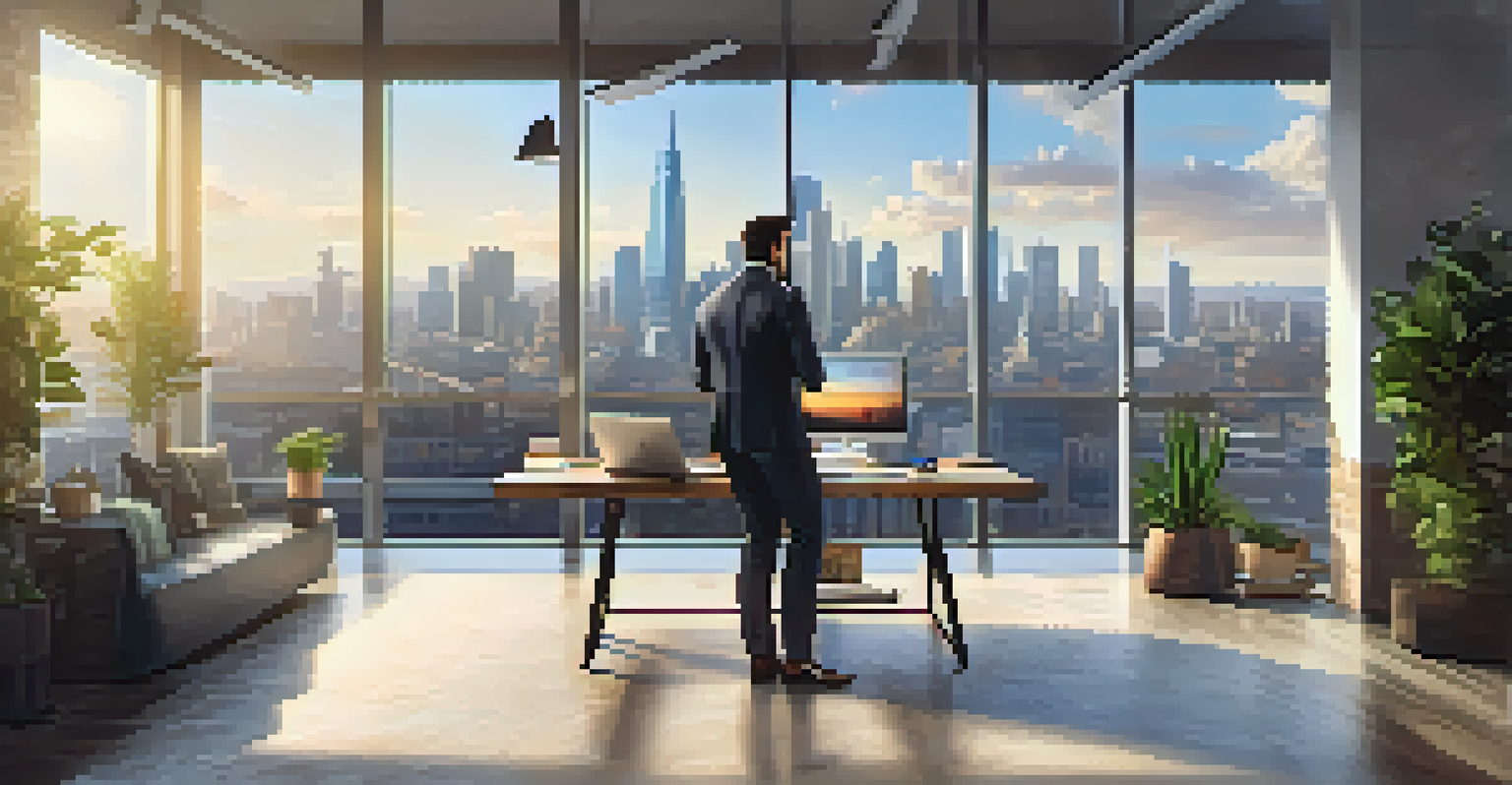 A confident entrepreneur in a modern office, holding a laptop and brainstorming ideas while looking out at a city skyline through a large window.