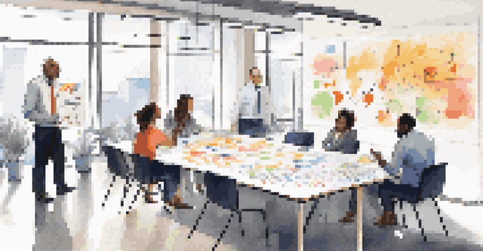 A diverse group of colleagues discussing ideas around a table in a bright office, with a whiteboard covered in notes and diagrams.