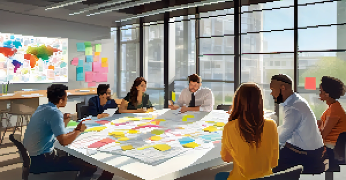 A diverse group of employees participating in a brainstorming session in a bright, modern office, surrounded by colorful notes and diagrams.