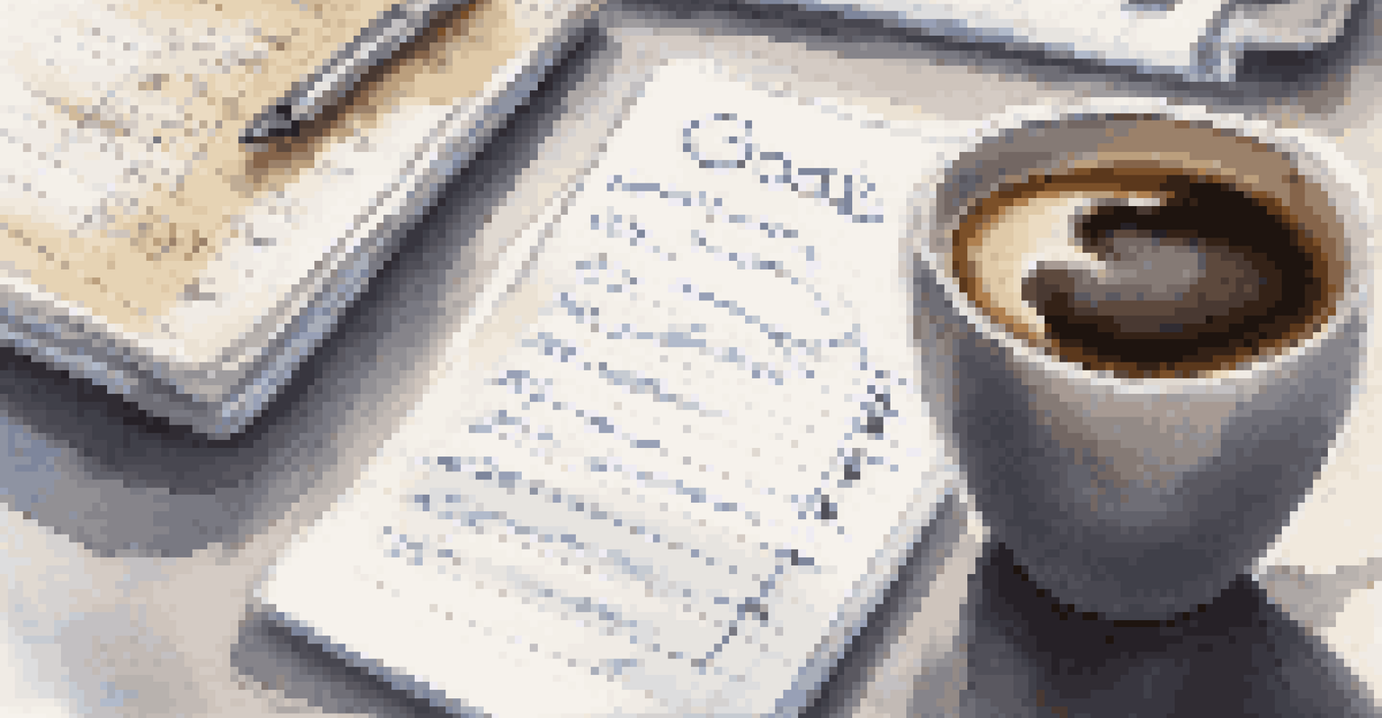 A close-up of a hand writing goals on a notepad next to a cup of coffee in a blurred office background.