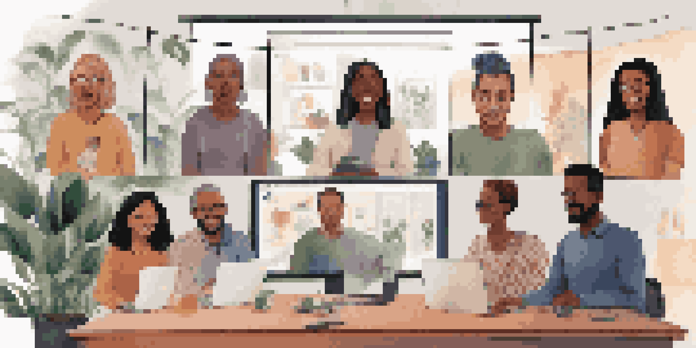 A diverse group of remote workers engaged in a video conference, showing various emotions in a cozy home office setting.