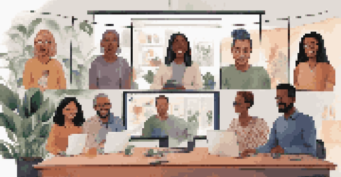 A diverse group of remote workers engaged in a video conference, showing various emotions in a cozy home office setting.