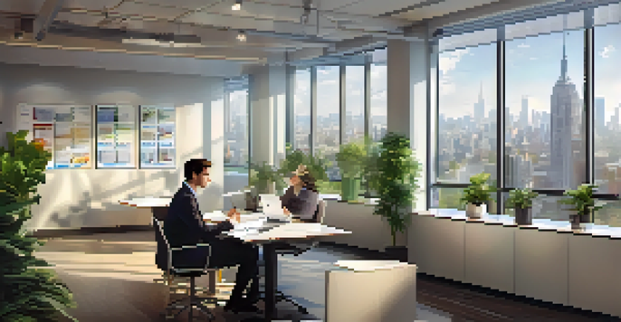 A young adult taking notes while shadowing a professional in a bright, modern office with city views.