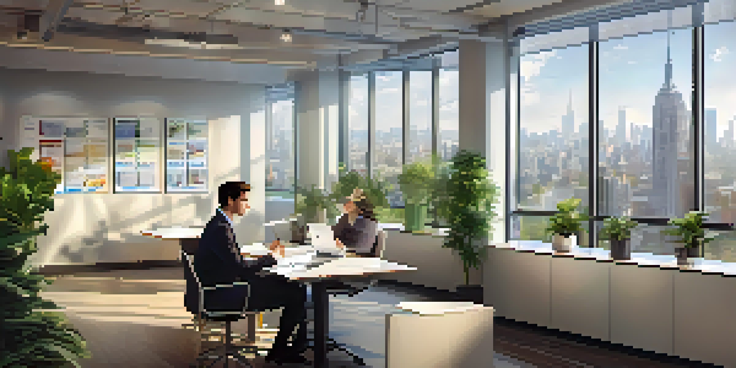 A young adult taking notes while shadowing a professional in a bright, modern office with city views.