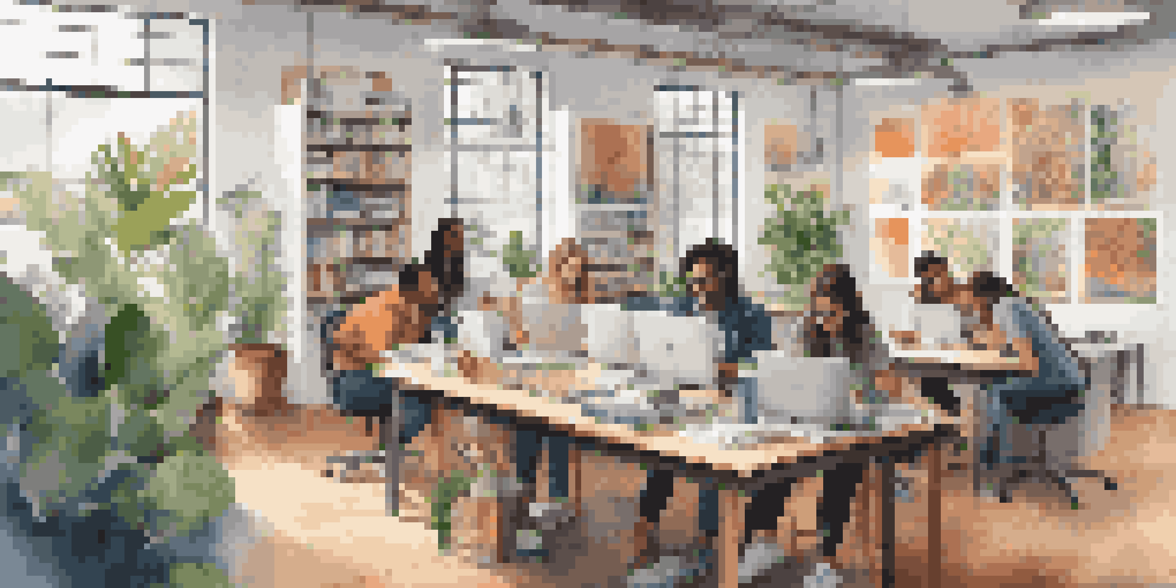 A diverse group of interns working together in a bright and colorful office space, collaborating on projects with laptops and creative materials.