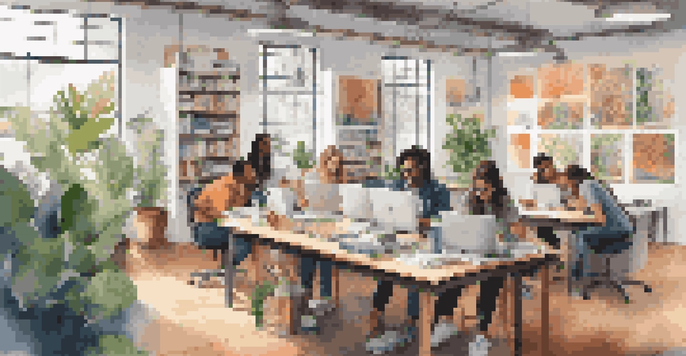 A diverse group of interns working together in a bright and colorful office space, collaborating on projects with laptops and creative materials.