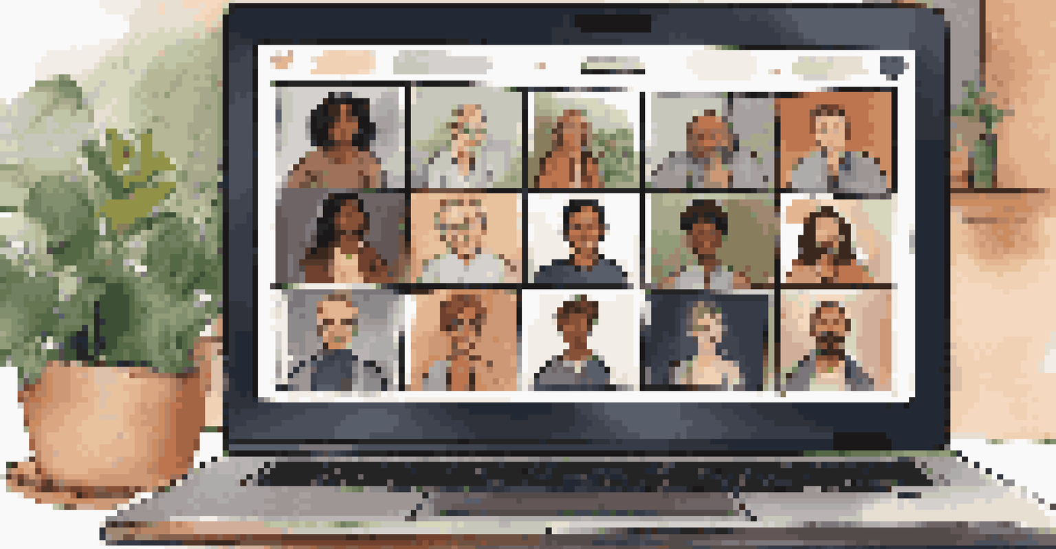 A laptop screen displaying a diverse online networking session with professionals from various backgrounds, set in a cozy home office.