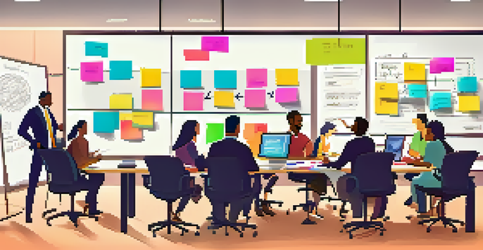 A group of diverse professionals working together at a conference table, surrounded by colorful sticky notes and laptops, with a whiteboard in the background.