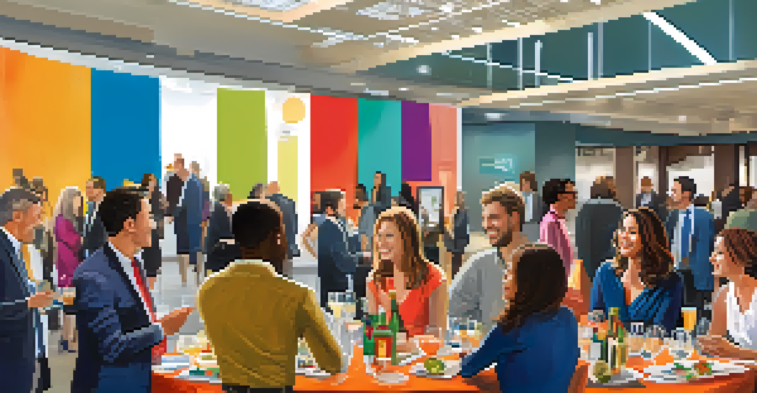 A lively networking event with diverse professionals talking, colorful banners in the background, and a table with refreshments.