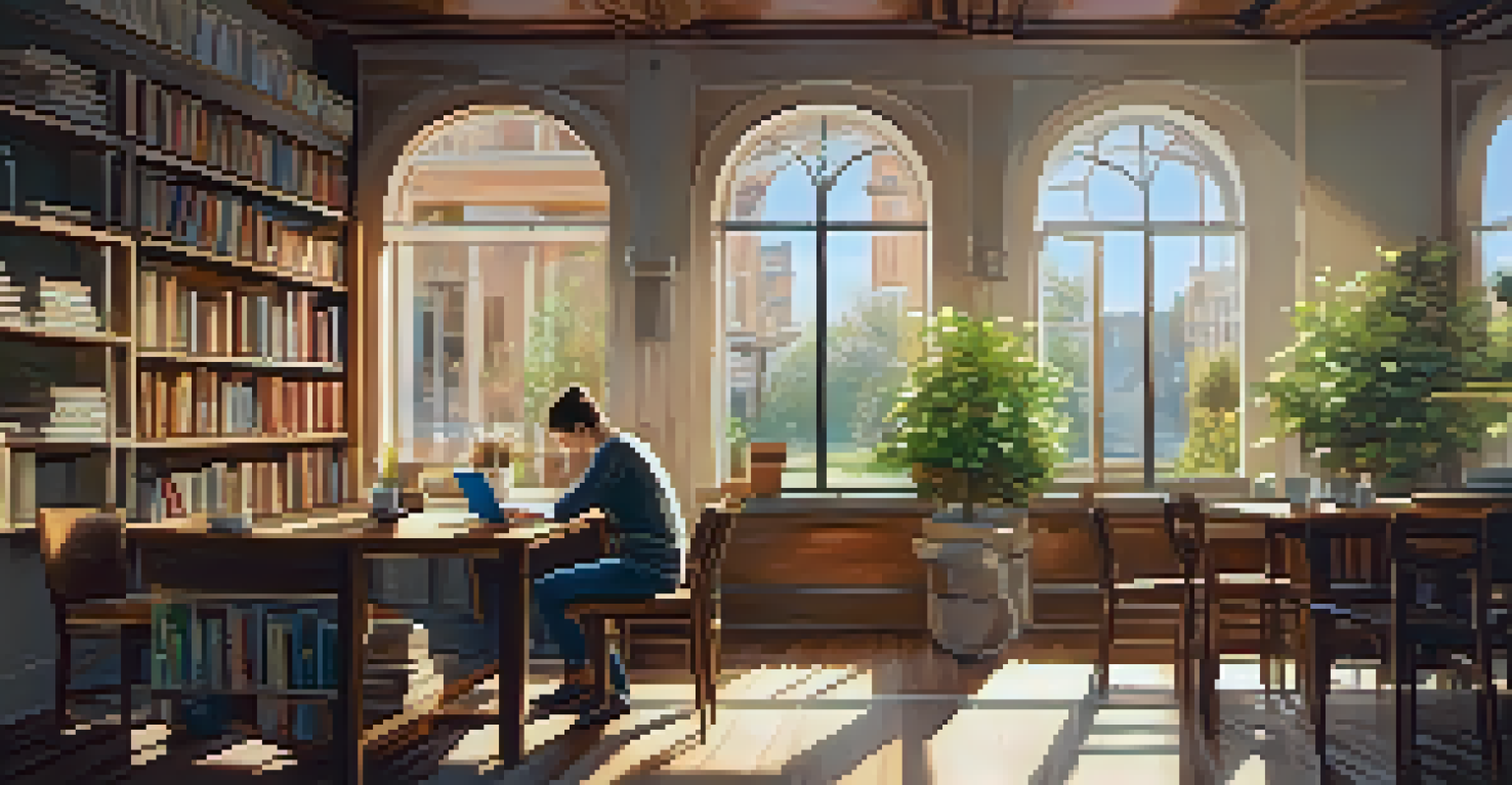 A person in a café working on a laptop, surrounded by books and coffee, with warm sunlight creating a cozy atmosphere.