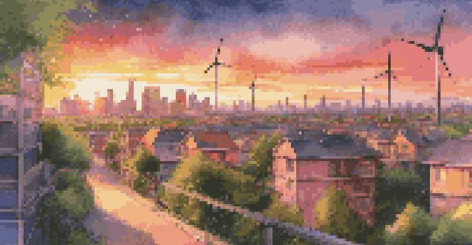 A city skyline at sunset with solar panels on rooftops and wind turbines, surrounded by greenery.