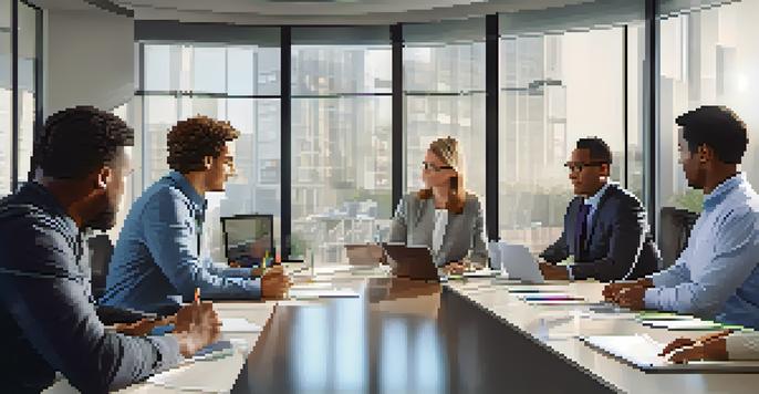 A diverse group of employees collaborating in a bright, modern office meeting room.