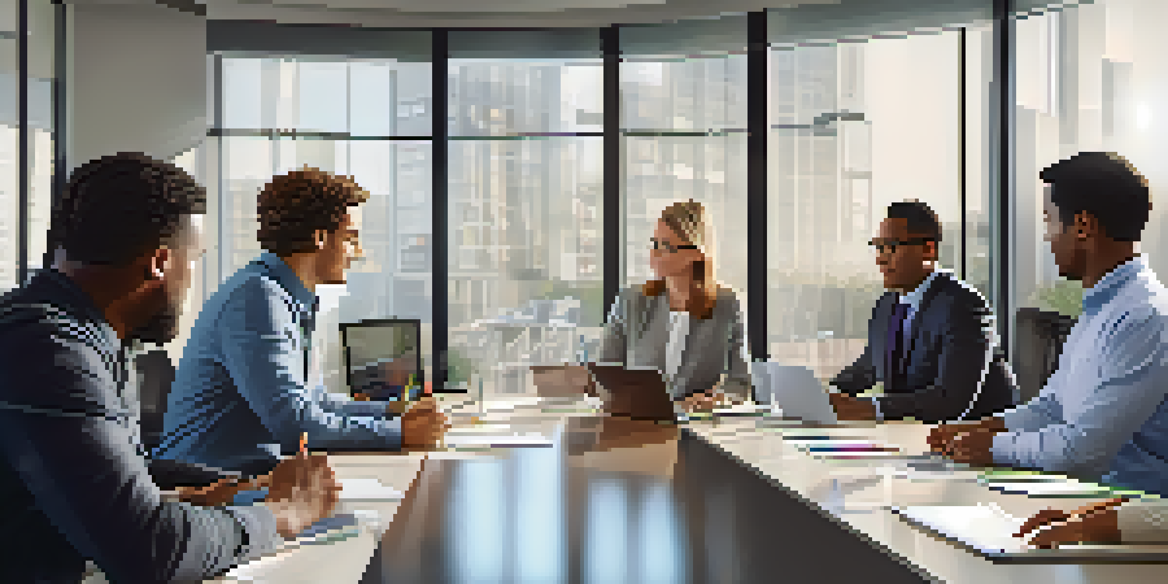 A diverse group of employees collaborating in a bright, modern office meeting room.