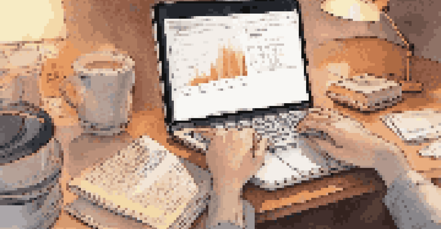 Close-up of hands typing on a laptop surrounded by coffee cups and notepads, with warm lighting creating a cozy workspace atmosphere.
