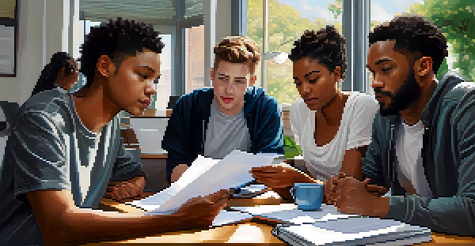 A diverse group of young adults engaged in a discussion about student loans at a table with laptops and documents.