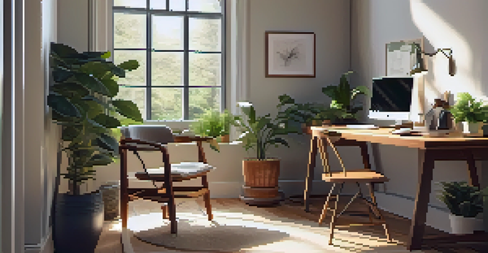 A warm and inviting home office with a laptop, coffee cup, and houseplants, illuminated by sunlight from a window.