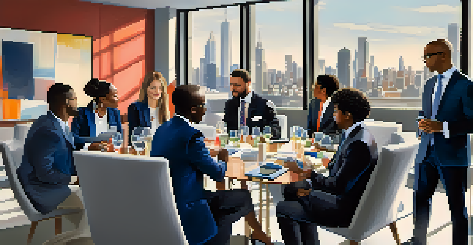 A group of diverse professionals networking in a stylish conference room with a city view.