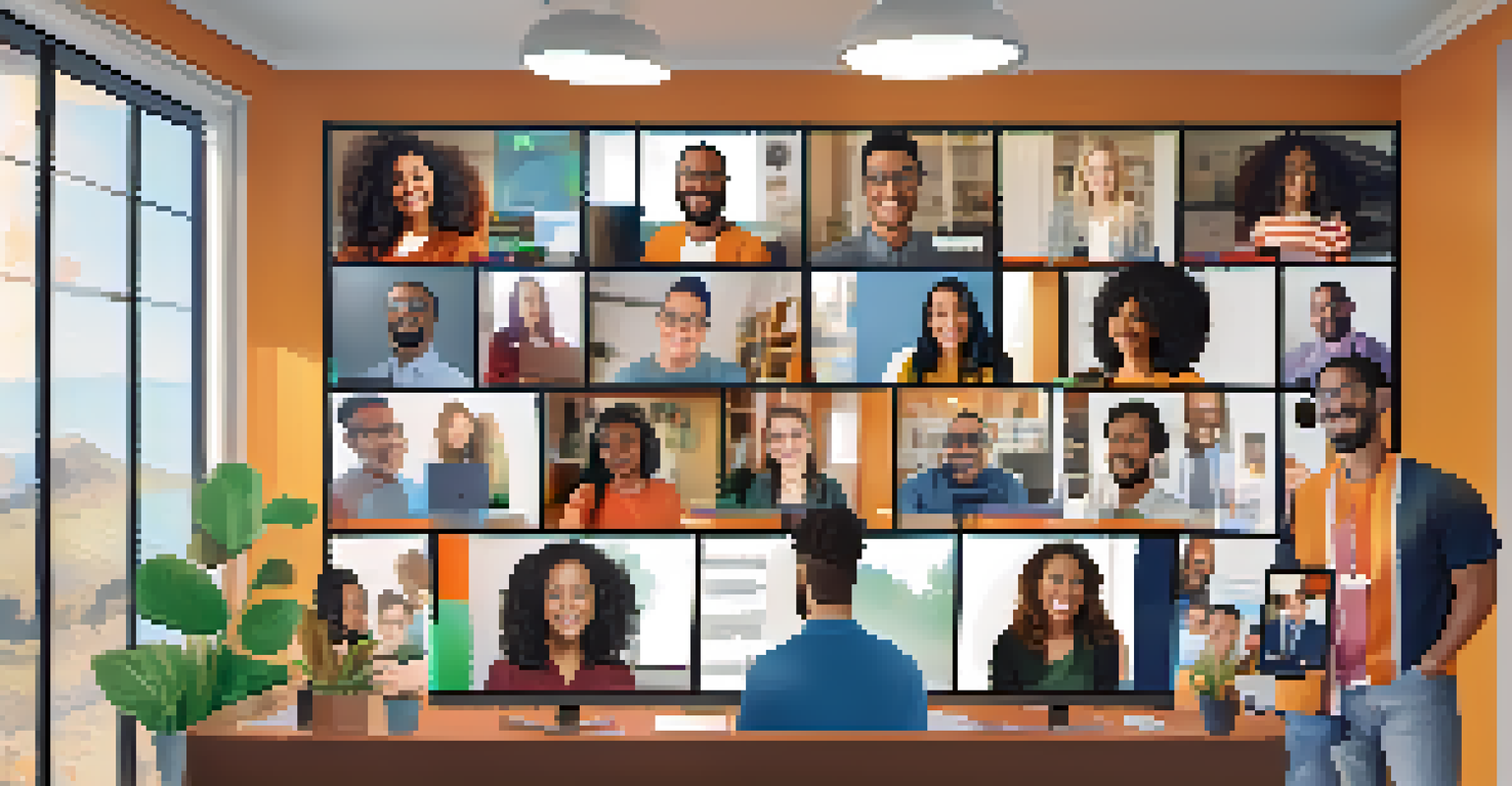 A video call with diverse remote team members smiling in their home offices.