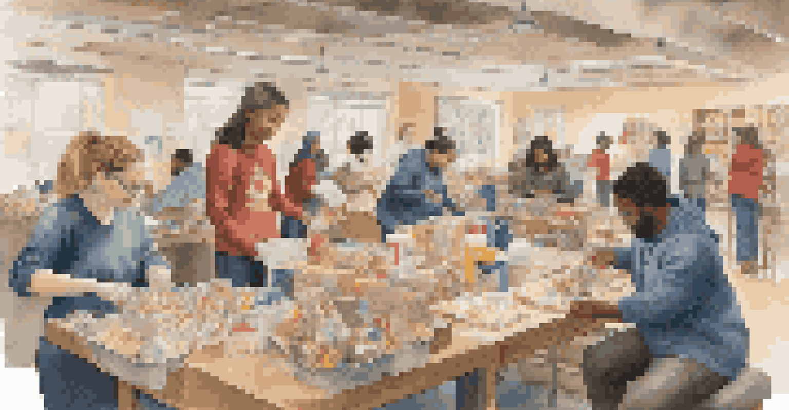 A group of diverse volunteers assembling care packages at a table, surrounded by various supplies.