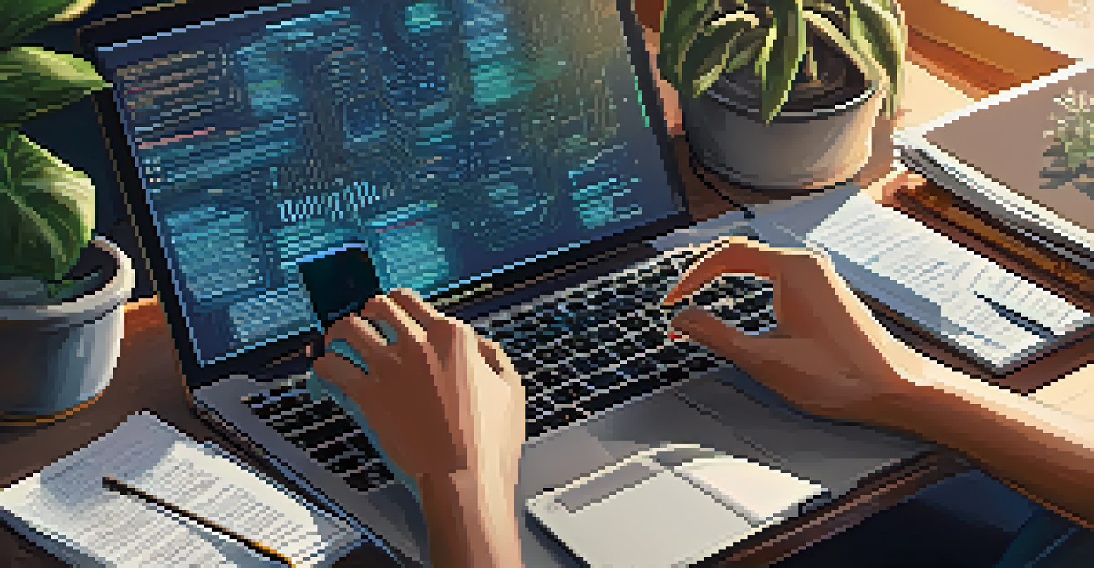 Close-up of a person's hands typing on a laptop surrounded by blockchain notes and books in a cozy workspace.