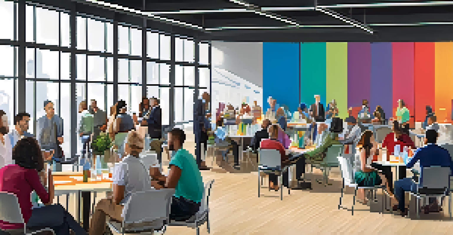 A lively community networking event with individuals engaged in conversation and colorful decorations.