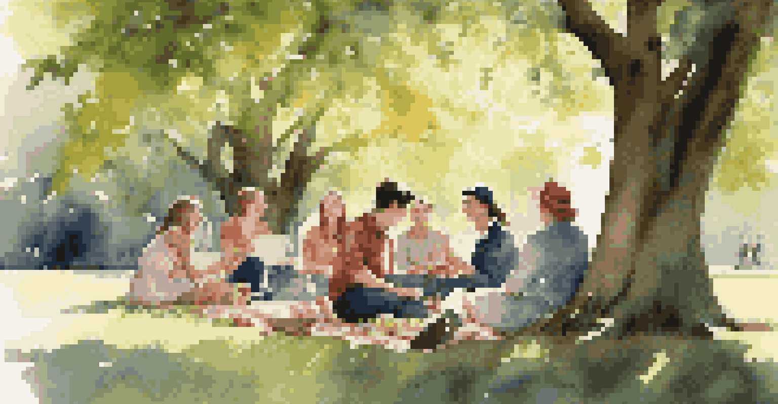 A group of young graduates having a joyful picnic in a park, laughing and sharing food under a large tree with sunlight filtering through the leaves.