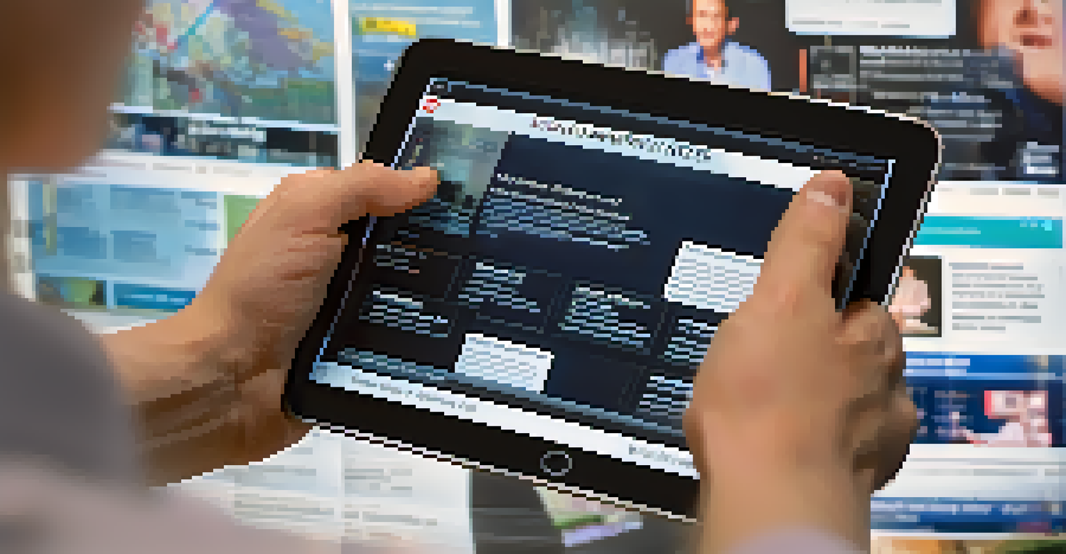 A close-up of a hand using a tablet to evaluate online information sources, with a thoughtful expression in a blurred background.