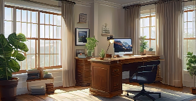 A warm and inviting home office with a wooden desk, laptop, and natural light.