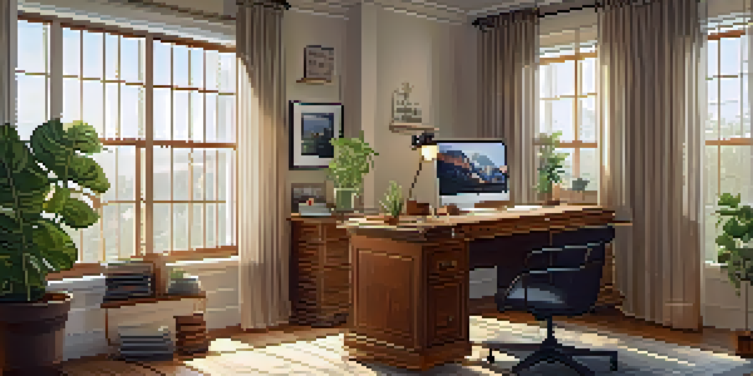 A warm and inviting home office with a wooden desk, laptop, and natural light.